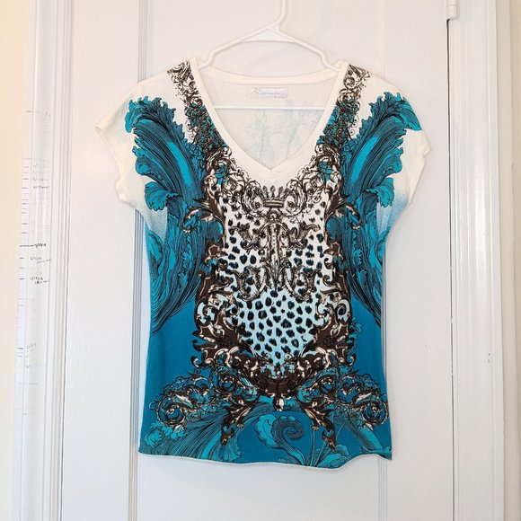Vintage Y2K Designer Animal Print Crown Rhinestone Maximalist V Neck Tee - Picture 4 of 11